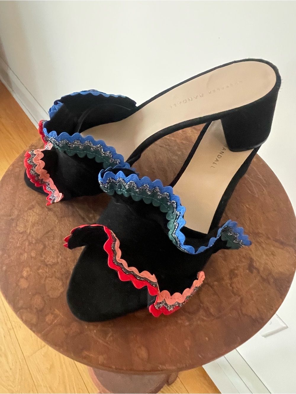 Loeffler Randall Black Suede Mule with Multicolor Scalloped Trim